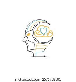 Line art featuring a simplified human profile emphasizing brain and heart with abstract designs.