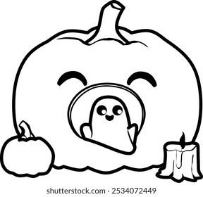 Line art featuring a smiling ghost next to a large pumpkin, with a small candlelit pumpkin on the side, perfect for Halloween-themed designs.