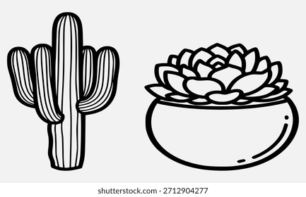 Arte lineal con un cactus alto junto a una Pequeña planta suculenta en maceta.