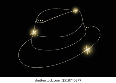 Line Art Fedora Hat with Gold Glitter Stars. Luxury Rich Glamour Invitation Card Template. Line Art Hat  Isolated on Black. Shine Gold Light Texture Effect. Glowing Blink Star Symbol Element Gift.