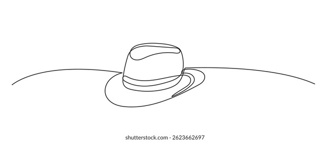 Line Art Fedora Vintage Hat. Retro Style Fashion Headwear Symbol. One Curve Continuous Line Modern Doodle Drawn. Editable Thin Stroke Sketch Icon. Personal Accessory Theme. 