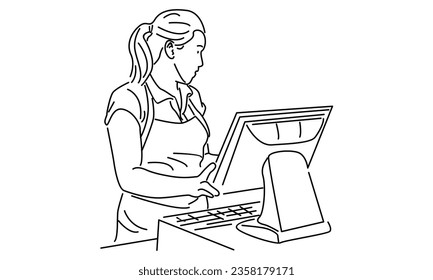 line art of female cashier at supermarket vector illustration