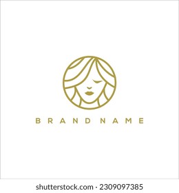 line art female face in beauty circle logo vector