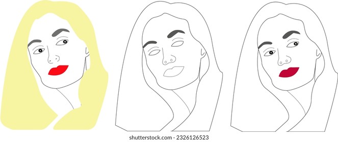 Line art female face close-up. Woman face with long hair, red lips - vector illustration. Vector head portraits young girl