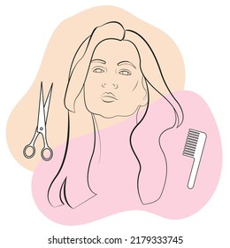 Line art female face with scissors and comb for hairdressing and beauty salon