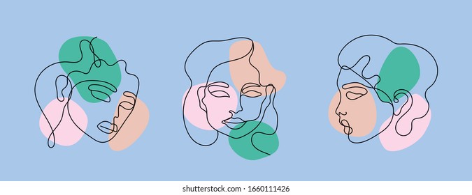 Line art female faces and round shapes. Feminine lux trendy vector illustration of women faces. Continuous line art. Minimalistic contemporary facial portrait logo design elements. Hand-drawn avatar.