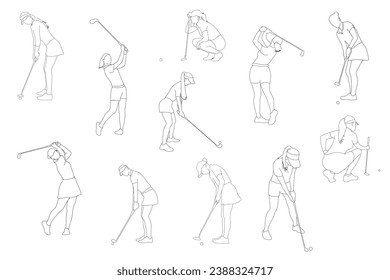 Line art Female golfers silhouette collection. Golf Player set. People playing golf in trendy flat style isolated on white background, symbol for your website design, logo, app, various publications