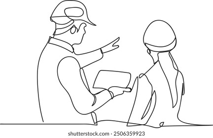 Line Art of Female Managers and Male Engineers Using Tablet Computers Discussing work issues in the field	