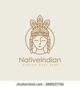 line art female native american indian logo icon vector illustration on dark background