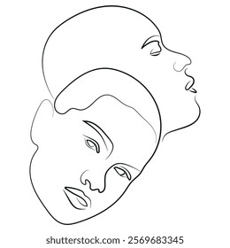 line art of female portraits with different facial expressions leaning against each other, for various logos or designs