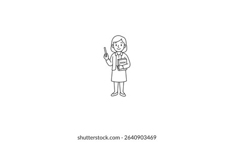 Line art of a female teacher character. Created with AI assistance and manually traced in Adobe Illustrator. Simple black and white outline style. Suitable for education themes.