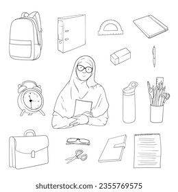 Line art of female teacher's and school supplies illustration for world teacher day campaign design