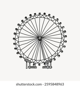 Line art of a Ferris wheel. Ferris wheel illustration with simple lines. Minimalist Ferris wheel design, emphasizing structure and symmetry. Doodle illustration vector.