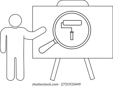 Line art of a figure gesturing to a paint roller within a magnifying glass on an easel