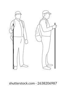 Line Art Figure of a Hiker with Walking Stick Isolated on White. Outdoor adventures and nature activities vector art