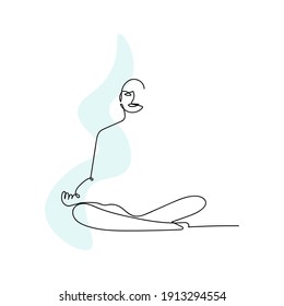 Line art figure of a man doing meditation, light linear sketch against the background of a gentle blue elongated spot for design and creativity