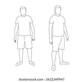 Line Art Figure of Young Man in Summer Clothes T-Shirt and Shorts. People, fashion and outdoor activities vector art