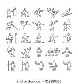 Line art figures of athletes popular sports. Outline sport icon set. Vector symbols.