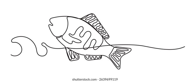 Line Art Fish Animal. One Continuous Outline Sea Underwater Mascot Silhouette. Fresh Marine Mediterranean Food Restraint Logo. Modern Wavy Sketch Stroke Contour Drawing Icon. 