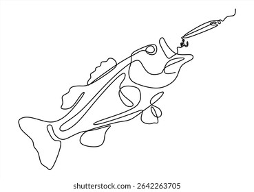 Line Art of a Fish Catching a Fishing Lure.  line icon-continuous line drawing. Editable stroke.