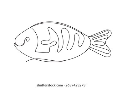 Line Art Fish Symbol. One Continuous Outline Drawn Contour Marine Animal. Underwater Mascot Sign. Healthy Fresh Diet Mediterranean Food Ingredient.  Aquatic Wild Fish Sea Animal.