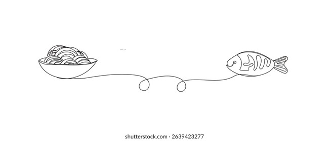 Line Art Fish Symbol. One Continuous Outline Drawn Contour Marine Animal. Underwater Mascot Sign. Healthy Fresh Diet Mediterranean Food Ingredient.  Aquatic Wild Fish Sea Animal.