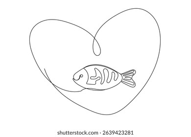 Line Art Fish Symbol. One Continuous Outline Drawn Contour Marine Animal. Underwater Mascot Sign. Healthy Fresh Diet Mediterranean Food Ingredient.  Aquatic Wild Fish Sea Animal.