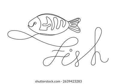 Line Art Fish Symbol. One Continuous Outline Drawn Contour Marine Animal. Underwater Mascot Sign. Healthy Fresh Diet Mediterranean Food Ingredient.  Aquatic Wild Fish Sea Animal.