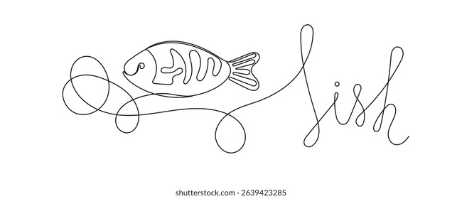 Line Art Fish Symbol. One Continuous Outline Drawn Contour Marine Animal. Underwater Mascot Sign. Healthy Fresh Diet Mediterranean Food Ingredient.  Aquatic Wild Fish Sea Animal.