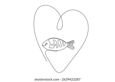Line Art Fish Symbol. One Continuous Outline Drawn Contour Marine Animal. Underwater Mascot Sign. Healthy Fresh Diet Mediterranean Food Ingredient.  Aquatic Wild Fish Sea Animal.