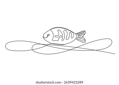 Line Art Fish Symbol. One Continuous Outline Drawn Contour Marine Animal. Underwater Mascot Sign. Healthy Fresh Diet Mediterranean Food Ingredient.  Aquatic Wild Fish Sea Animal.