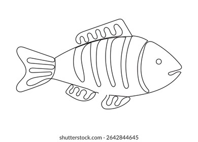 Line Art Fish Symbol. One Continuous Outline Drawn Contour Marine Animal. Underwater Mascot Sign. Healthy Fresh Diet Mediterranean Food Ingredient. Aquatic Wild Fish Sea Animal.