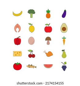 Line art flat colorful vector illustration healthy lifestyle, food objects.