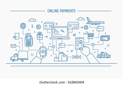 Line art flat contour vector illustration. online payments, money transfer, financial transaction.