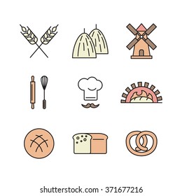 Line art flat design of color icons set for wheat factory or bakery with items of bread processing.