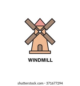 Line art flat design of color windmill. Wheat factory logo concept.