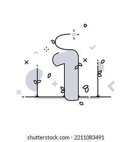 Line art. Flat design. Floral design elements with numbers, multimedia icons and nature elements. Concept of nature, technology, mathematics and science.