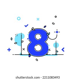 Line art. Flat design. Floral design elements with numbers, multimedia icons and nature elements. Concept of nature, technology, mathematics and science.