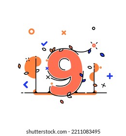 Line art. Flat design. Floral design elements with numbers, multimedia icons and nature elements. Concept of nature, technology, mathematics and science.
