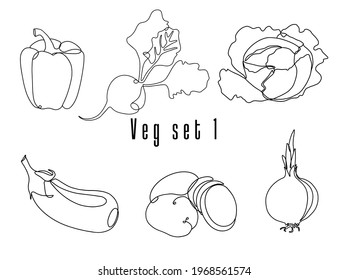 Line art flat graphical style fancy quality set of vegetable hipster icon set. Bell pepper, beetroot,beet, cabbage, onion, eggplant, potatoes. Linear outline collection in white background.Vector.