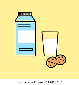 Line art flat illustration blue milk pack with white blank sticker and glass with white liquid and cookies isolated on yellow background, glitch stamp, vector eps 10