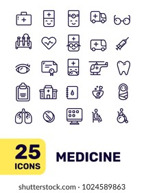 Line art flat style design of liner icon for medical web, site, banner, medicine theme presentation. Vector creative thin line medical icon set on white background with title