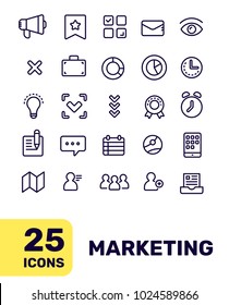 Line art flat style design of liner icon for marketing web, site, banner, business presentation. Vector creative thin line marketing icon set on white background with title