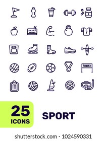 Line art flat style design of liner icon for sport web, site, banner. Vector creative thin line sport icon set on white background with title