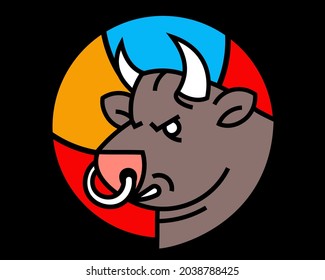 Line Art Flat Style Design of Logo of Angry Animal Bull with Ring in Nose and Horns. Vector Logotype of Brown Color Bull Head on Color Background in Circle