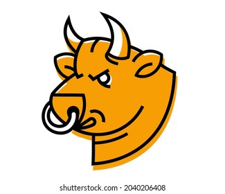 Line Art Flat Style Design of Logotype of Bull Head. Vector Logo of Angry Yellow Animal Bull with Ring in Nose and Horns on White Color Background