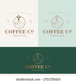 Line art flat vector illustration. Hand holds coffee plant with beans, coffee seeds. Elegant, modern, stylish, minimalistic icon for logo, badge, emblem, coffee shop, cafe, home roast, restaurant