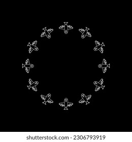 Line Art of the Flock of Cute Bird in the Circle Shape Composition, Naive Illustration, for Logo or Graphic Design Element. Vector Illustration