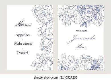 Line art Floral background for design wedding invite menu restaurant greeting card poster. Holiday set of flowering Jacaranda tree. Blooming branches. Hand drawn illustration.