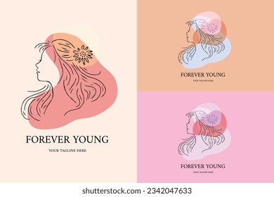 Line art floral beauty woman face logo design